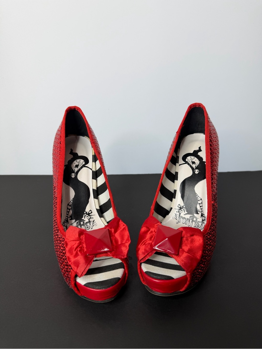 Iron Fist Red Sequin Peep-Toe Heels with Black-and-White Striped Heel - Picture 3 of 6
